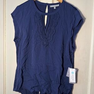 Daniel Rainn Deep Blue Blouse with Lace Accent